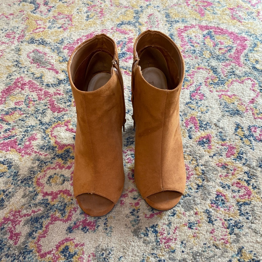 Rust suede open toe booties